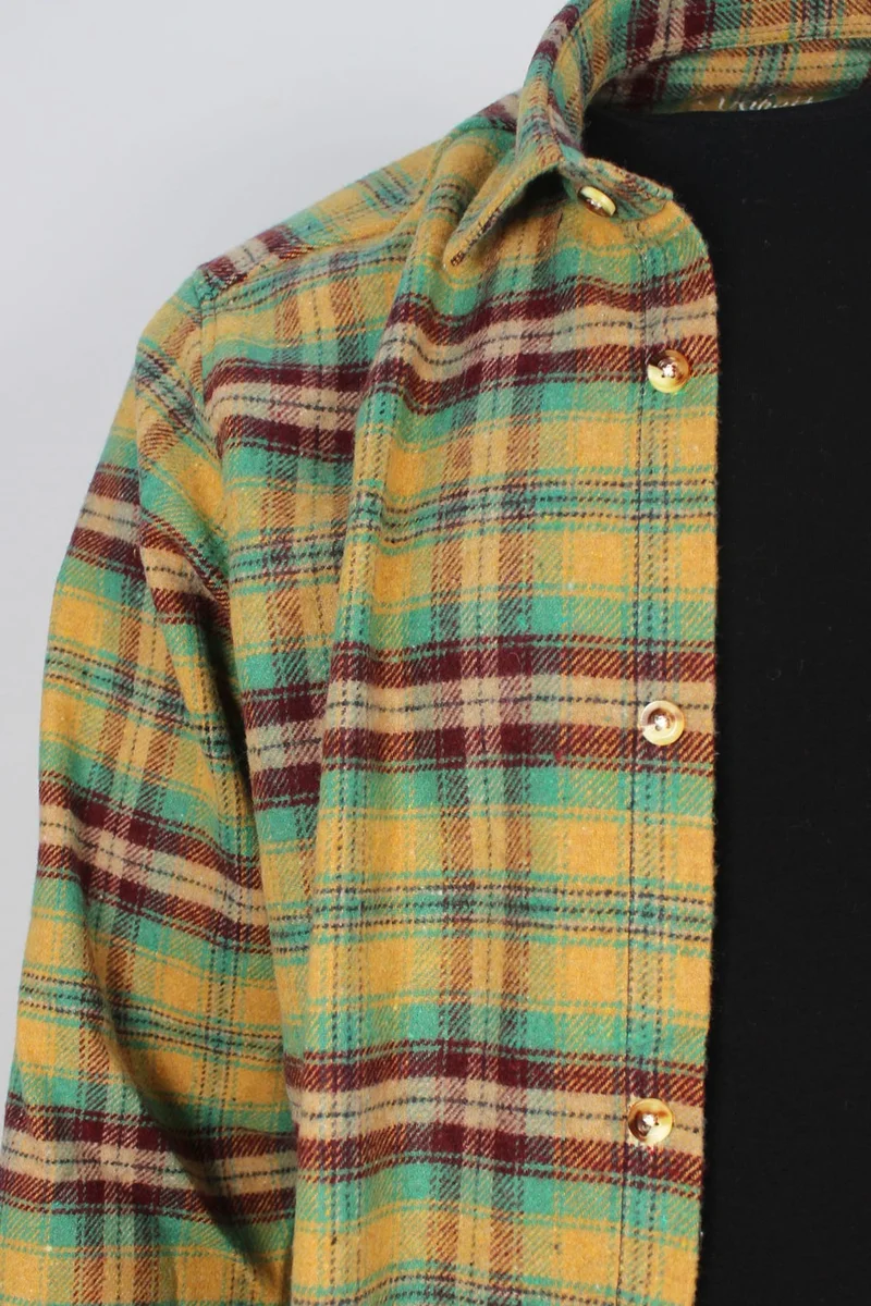فاريتا Men's Gold Green Single Pocket Long Sleeve Winter Classic Cut Plaid Lumberjack Shirt