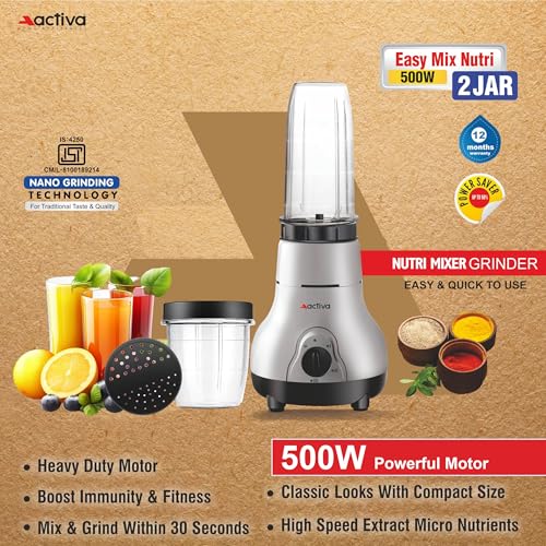 ACTIVA Easy Mix Nutri Mixer Grinder 500W with 2 Jars for Smoothies, Chutney & Shakes, Shock Proof ABS Body, Nano Grinding Technology, 2 Years Warranty - Image 2