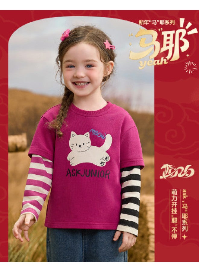 ASK JUNIOR زي رأس السنة الجديدة] [أسلوب قطعتين] تي شيرت أطفال بأكمام طويلة خريف للأطفال بلوك ألوان أساسي للبنات لطيف - Image 1