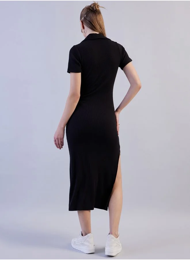 مرفوعة Women Fitted Casual Solid Long Polo Collar Dress
