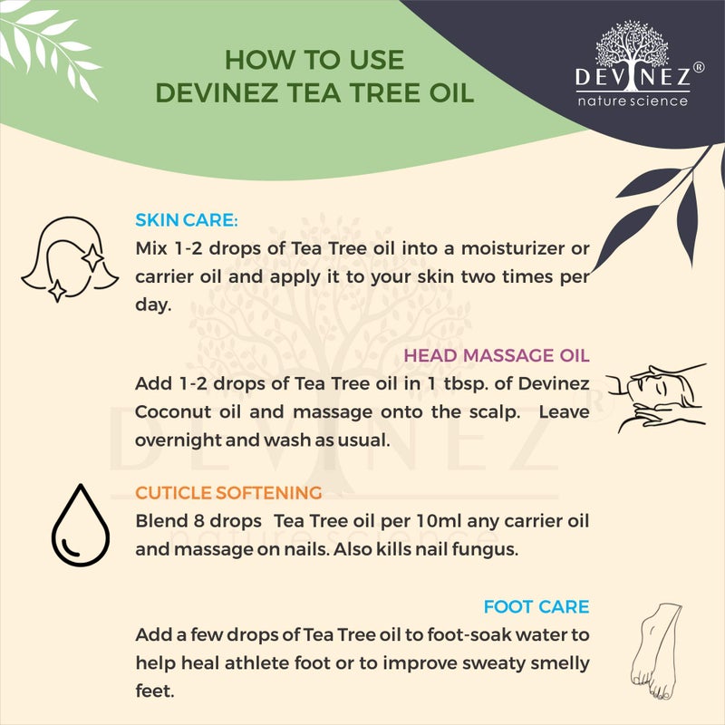Devinez Tea Tree (Australian) Essential Oil - 50ml, (NABL & IFRA Certified) - 100% Pure Natural & Undiluted Therapeutic grade in Glass Bottle - for Hair care, Pimples, Acne, Scars, Skin, Face & Anti-Dandruff - Image 4