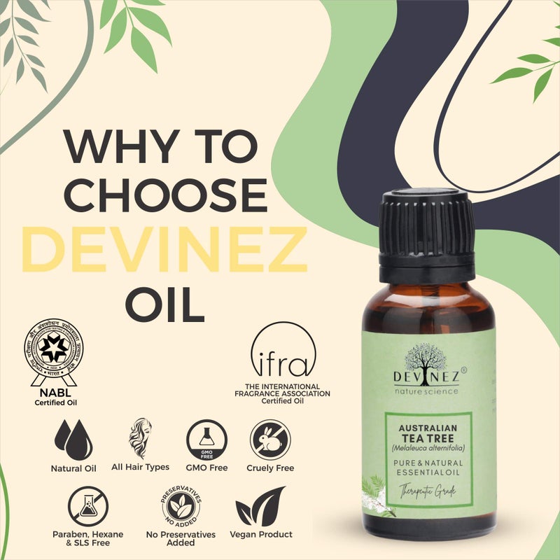 Devinez Tea Tree (Australian) Essential Oil - 50ml, (NABL & IFRA Certified) - 100% Pure Natural & Undiluted Therapeutic grade in Glass Bottle - for Hair care, Pimples, Acne, Scars, Skin, Face & Anti-Dandruff - Image 2