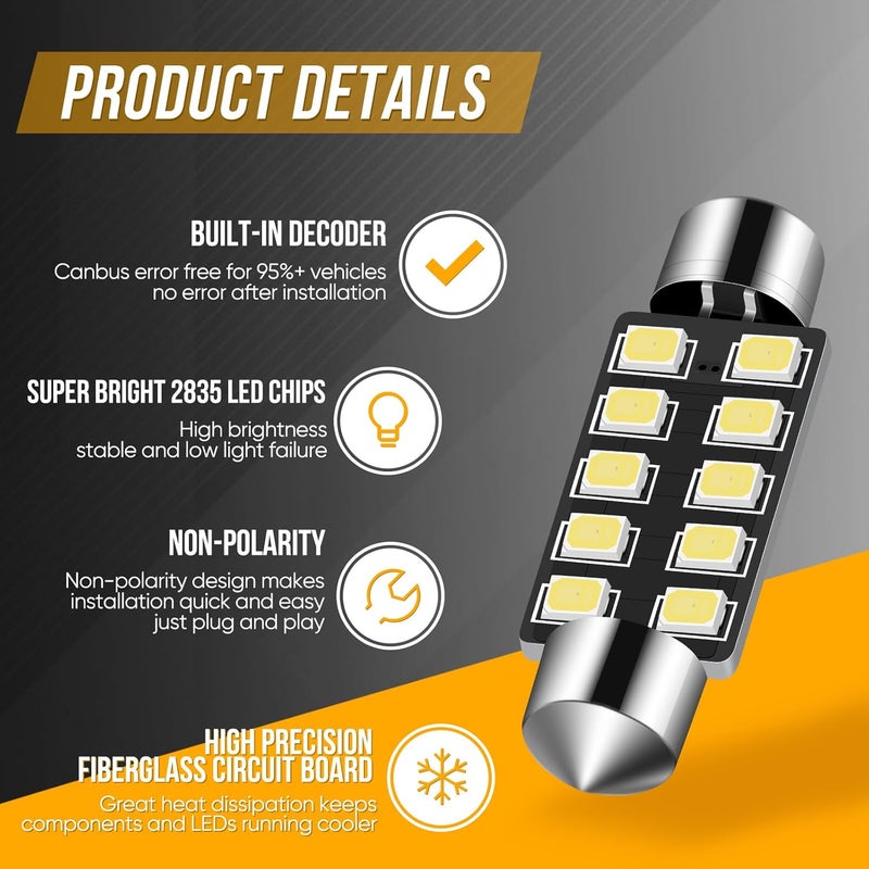 Audak Festoon LED Bulb 42mm 2835 10SMD Canbus Error Free Fit for Interior Dome Map Lights Door Courtesy Lights Trunk Lights License Plate Lights (Pack of 4) - Image 2