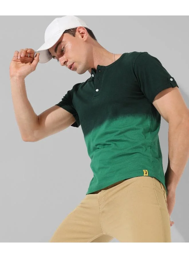 Men's Colourblocked Aqua Regular Fit Casual T-Shirt