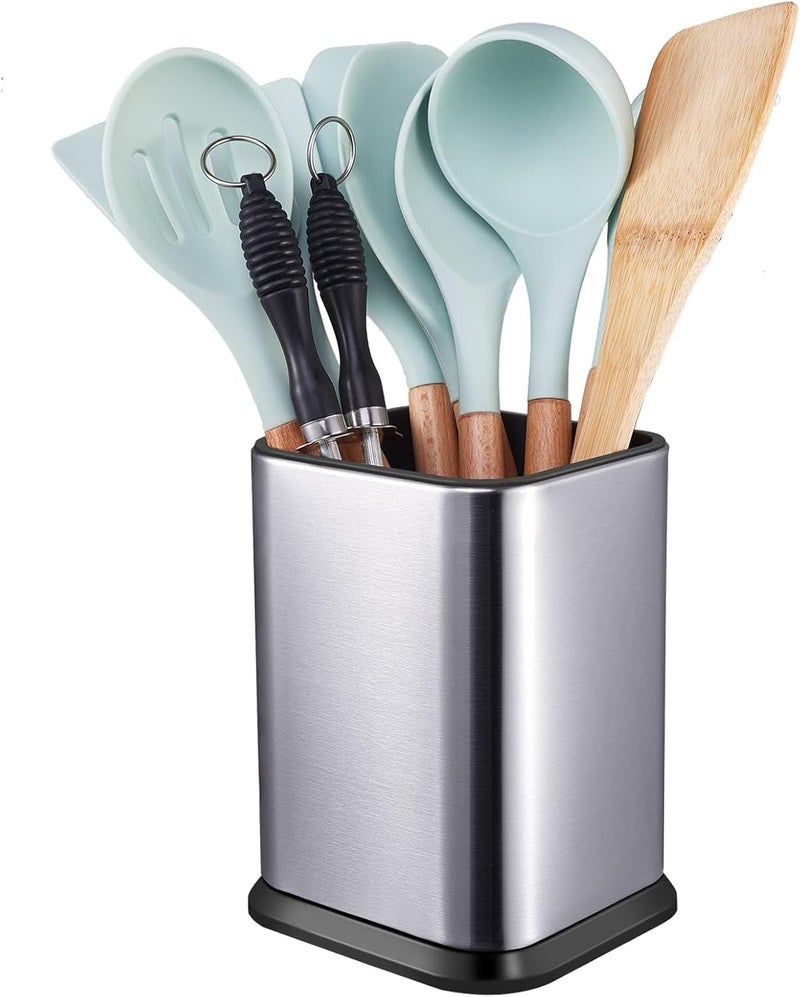 RedCall Stainless Steel Kitchen Utensil Holder for Countertop, Spoon Spatula Organizer,Modern Rectangular Large Cooking Utensil Caddy Counter,Utensil Crock Silver - Image 1