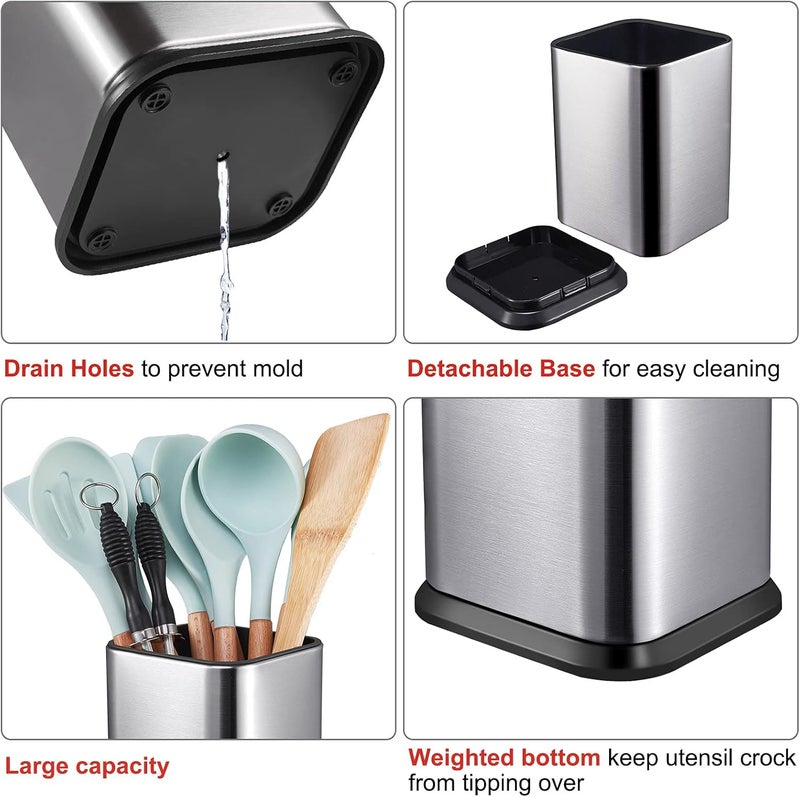 RedCall Stainless Steel Kitchen Utensil Holder for Countertop, Spoon Spatula Organizer,Modern Rectangular Large Cooking Utensil Caddy Counter,Utensil Crock Silver - Image 3