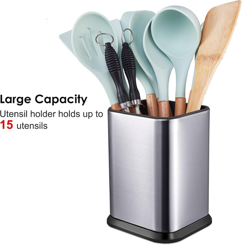 RedCall Stainless Steel Kitchen Utensil Holder for Countertop, Spoon Spatula Organizer,Modern Rectangular Large Cooking Utensil Caddy Counter,Utensil Crock Silver - Image 2