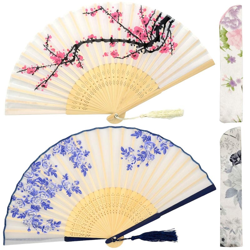 OMyTea Folding Hand Fans for Women  Chinese Japanese Vintage Bamboo Silk Fans  for Hot Flash EDM Music Festival Party Dance Performance Decoration Wedding Gift White Plum  Rose
