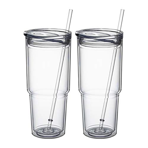 MEWAY 30oz/2 pcs Classic Insulated Tumblers,Double Wall Acrylic Tumbler with Lid，Reusable Plastic Insulated Tumblers with Straw，for cold drinks, sand ice, whatever you like(transparent,2 pack) - Image 1