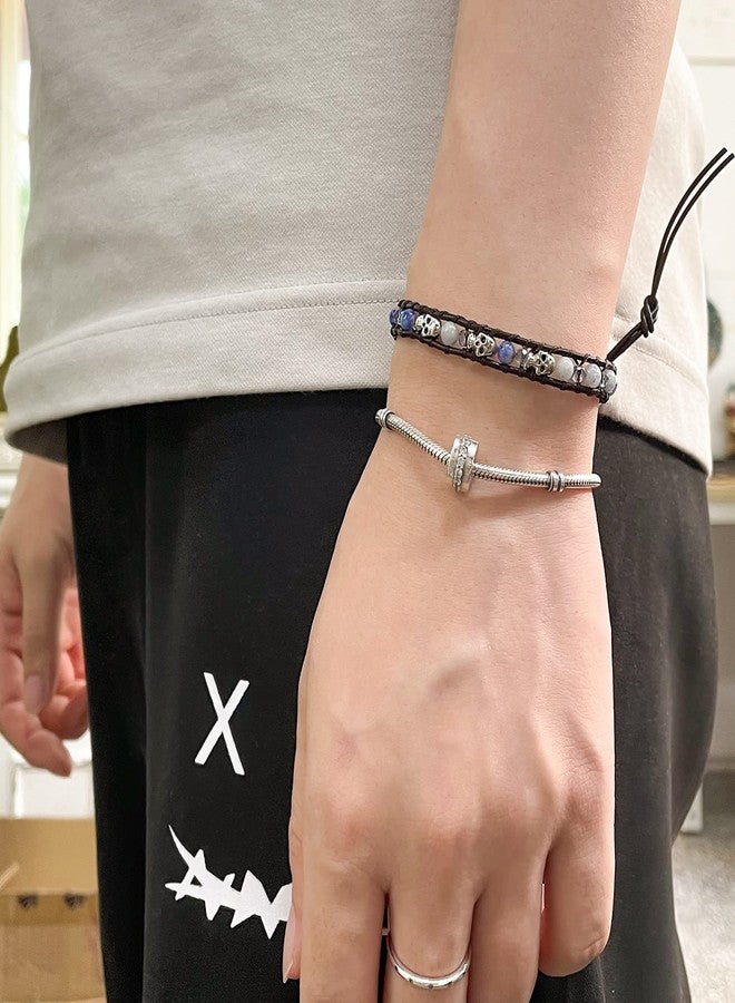 KELITCH New 925 Silver Skull Bracelets Leather Wrap Bracelet Agate Crystal Friendship Bracelets - Image 4