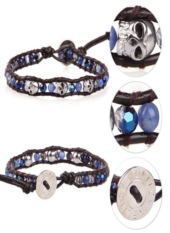 KELITCH New 925 Silver Skull Bracelets Leather Wrap Bracelet Agate Crystal Friendship Bracelets - Image 3