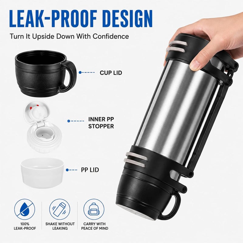 KIDENEI 1.5L Vacuum Insulated Bottle with Handle Cup, Stainless Steel Insulated Water Jug with Strap, Keeping Hot or Cold 24 Hours Coffee Thermos for Traveling Hiking Fishing - Image 5