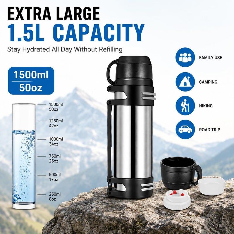 KIDENEI 1.5L Vacuum Insulated Bottle with Handle Cup, Stainless Steel Insulated Water Jug with Strap, Keeping Hot or Cold 24 Hours Coffee Thermos for Traveling Hiking Fishing - Image 3