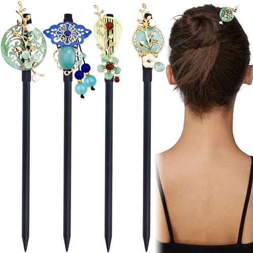 Arvintas 4 PACK Japanese Chinese Wooden Hair Stick, Hairpin with 4 Different Flower Styles, Retro Wooden Hair Accessories for Women Girls (Style 3) - Image 1