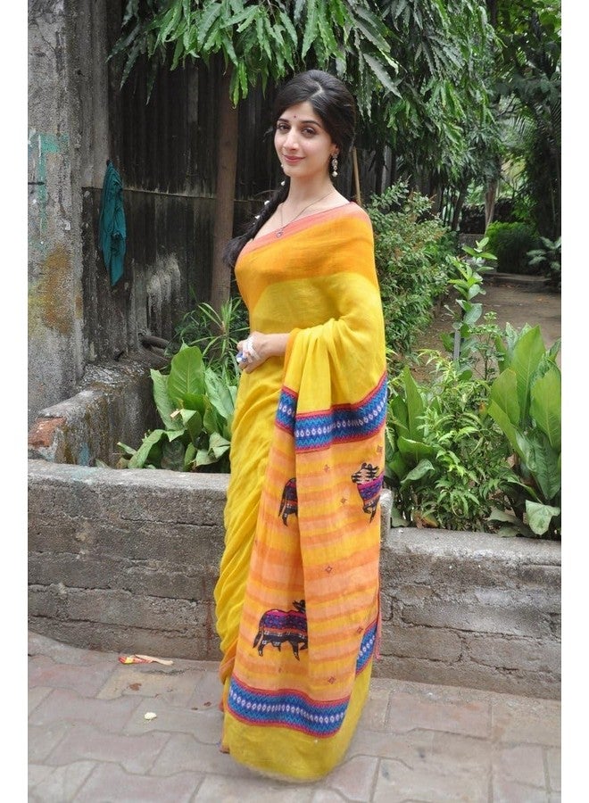 Sidhidata Sidhidata Women's Chanderi Cotton Printed Saree With With Unstitched Blouse Piece (Sanam Teri Kasam_Yellow_Free Size) - Image 5