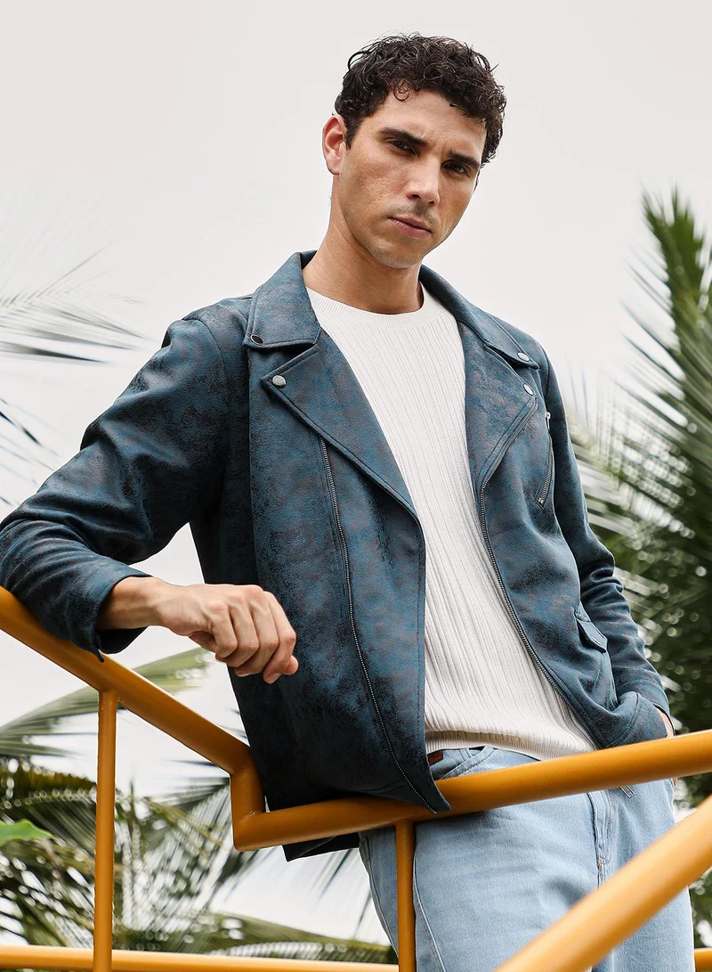 Men Embossed-Suede Biker Jacket | Notch Collar, Long Button Cuff Sleeves | Zipper , Straight Hem | Abstract Embossed | Woven Fabric For Casual & Daily Wear | Midnight Blue