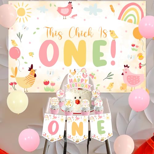 Merrystorm Chicken Themed 1st Birthday Party Decoration This Chick Is One Backdrop One Highchair Banner Cake Cupcake Topper Pink Orange Yellow Balloons for Boy Girl Baby Shower 1st Birthday Party Decor Supplies - Image 5
