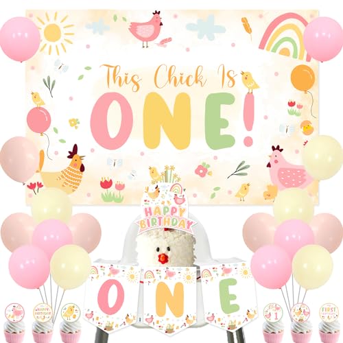 Merrystorm Chicken Themed 1st Birthday Party Decoration This Chick Is One Backdrop One Highchair Banner Cake Cupcake Topper Pink Orange Yellow Balloons for Boy Girl Baby Shower 1st Birthday Party Decor Supplies - Image 1