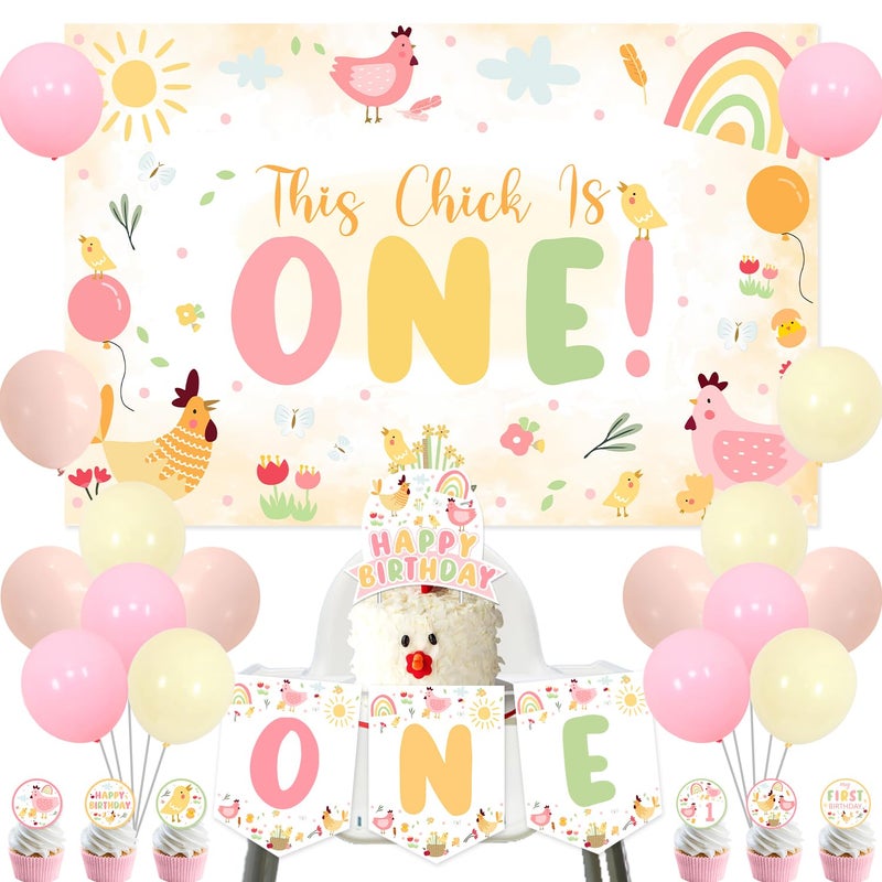 Merrystorm Chicken Themed 1st Birthday Party Decoration This Chick Is One Backdrop One Highchair Banner Cake Cupcake Topper Pink Orange Yellow Balloons for Boy Girl Baby Shower 1st Birthday Party Decor Supplies - Image 3