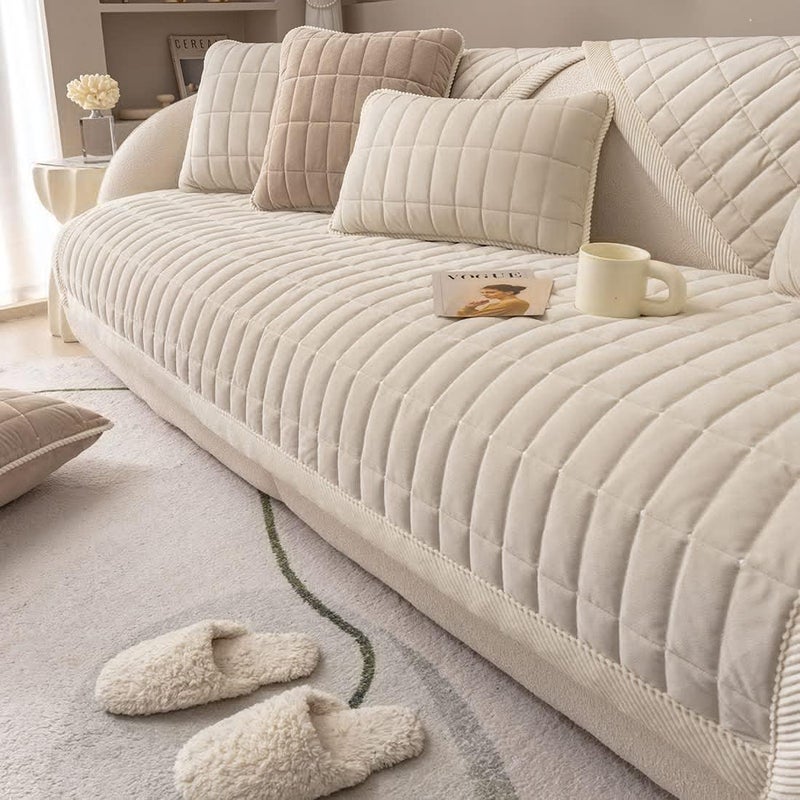 vctops Velvet Plush Plaid Quilted Sofa Cover Super Soft Non Slip Sectional Couch Cover Farmhouse Fluffy Fuzzy Sofa Slipcover Furniture Protector for Dogs Cats Pet (Cream,28"x28") - Image 1