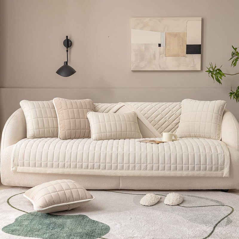 vctops Velvet Plush Plaid Quilted Sofa Cover Super Soft Non Slip Sectional Couch Cover Farmhouse Fluffy Fuzzy Sofa Slipcover Furniture Protector for Dogs Cats Pet (Cream,28"x28") - Image 3