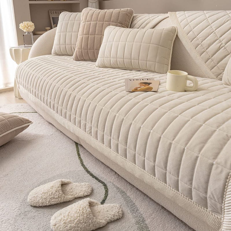 vctops Velvet Plush Plaid Quilted Sofa Cover Super Soft Non Slip Sectional Couch Cover Farmhouse Fluffy Fuzzy Sofa Slipcover Furniture Protector for Dogs Cats Pet (Cream,28"x28") - Image 5