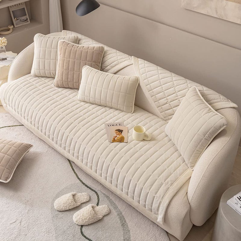 vctops Velvet Plush Plaid Quilted Sofa Cover Super Soft Non Slip Sectional Couch Cover Farmhouse Fluffy Fuzzy Sofa Slipcover Furniture Protector for Dogs Cats Pet (Cream,28"x28") - Image 4