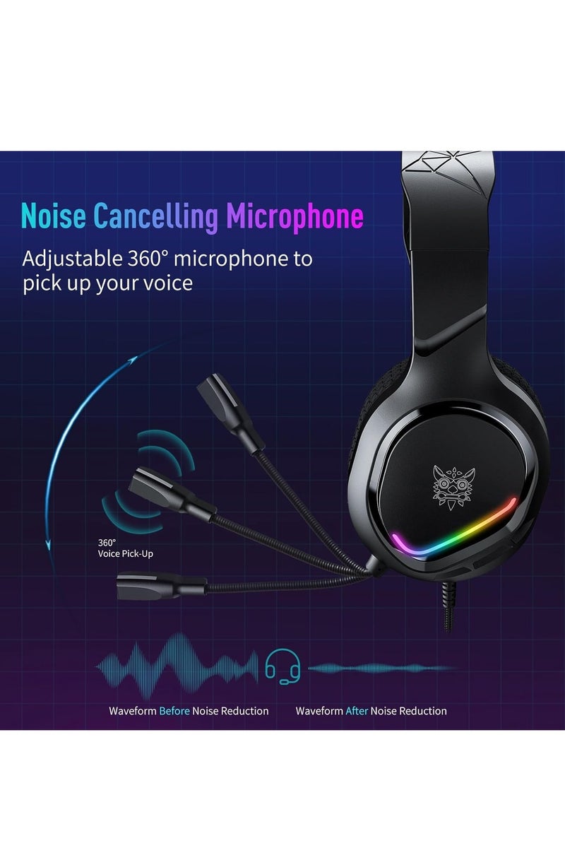 onikuma X31 Gaming Headset – Stereo Sound – Flexible Noise Reduction Mic, - RGB Dynamic Cool Light - 3.5mm + USB for Light - in-Line Controller - 50mm Speaker Unit - Premium Comfort  3D Ear Pads - For Xbox, PS 4/5, Switch, Mobile, PC . | Black  - Image 3