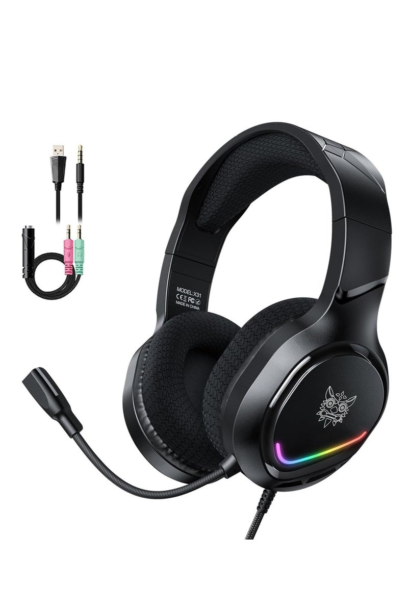 onikuma X31 Gaming Headset – Stereo Sound – Flexible Noise Reduction Mic, - RGB Dynamic Cool Light - 3.5mm + USB for Light - in-Line Controller - 50mm Speaker Unit - Premium Comfort  3D Ear Pads - For Xbox, PS 4/5, Switch, Mobile, PC . | Black  - Image 1