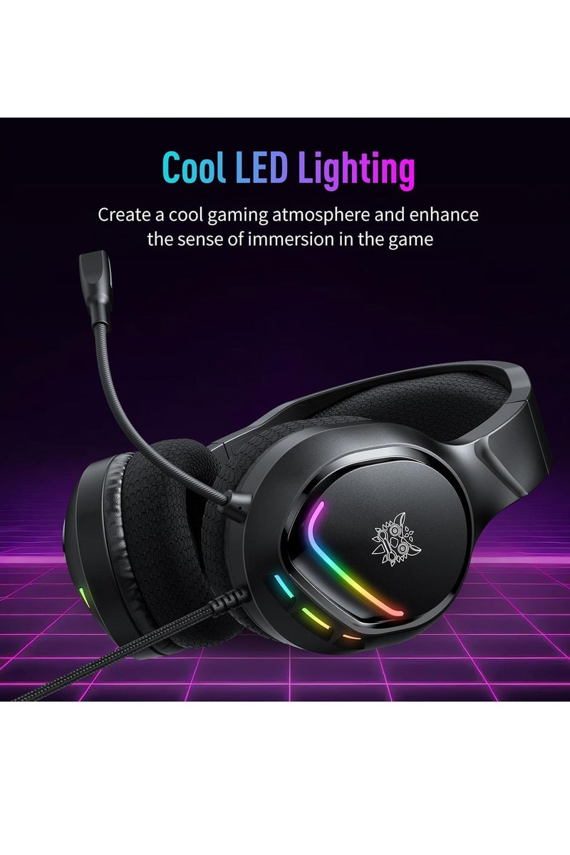 onikuma X31 Gaming Headset – Stereo Sound – Flexible Noise Reduction Mic, - RGB Dynamic Cool Light - 3.5mm + USB for Light - in-Line Controller - 50mm Speaker Unit - Premium Comfort  3D Ear Pads - For Xbox, PS 4/5, Switch, Mobile, PC . | Black  - Image 2