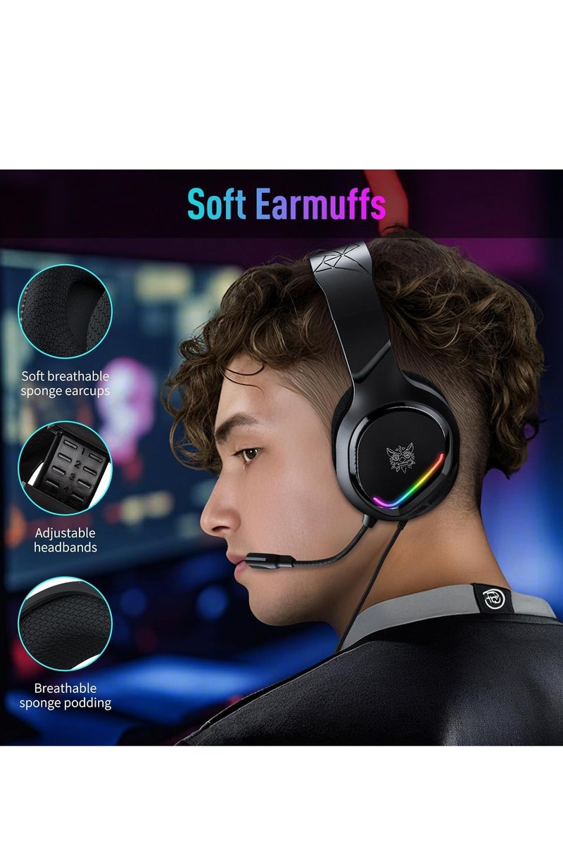 onikuma X31 Gaming Headset – Stereo Sound – Flexible Noise Reduction Mic, - RGB Dynamic Cool Light - 3.5mm + USB for Light - in-Line Controller - 50mm Speaker Unit - Premium Comfort  3D Ear Pads - For Xbox, PS 4/5, Switch, Mobile, PC . | Black  - Image 5