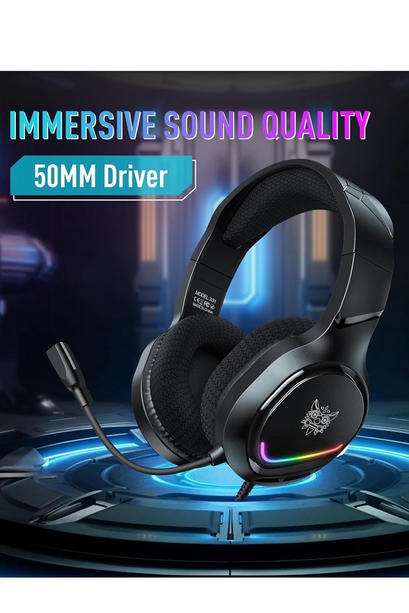 onikuma X31 Gaming Headset – Stereo Sound – Flexible Noise Reduction Mic, - RGB Dynamic Cool Light - 3.5mm + USB for Light - in-Line Controller - 50mm Speaker Unit - Premium Comfort  3D Ear Pads - For Xbox, PS 4/5, Switch, Mobile, PC . | Black  - Image 4