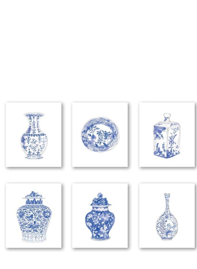 Today Idea Chinoiserie Wall Art Print- Bedroom or Study Decor - Chinese Blue White Porcelain Vase Canvas Print (Set of 6)-Unframed-8X10 inch - Image 1