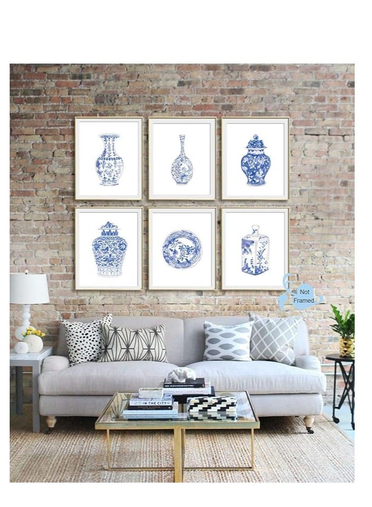 Today Idea Chinoiserie Wall Art Print- Bedroom or Study Decor - Chinese Blue White Porcelain Vase Canvas Print (Set of 6)-Unframed-8X10 inch - Image 2