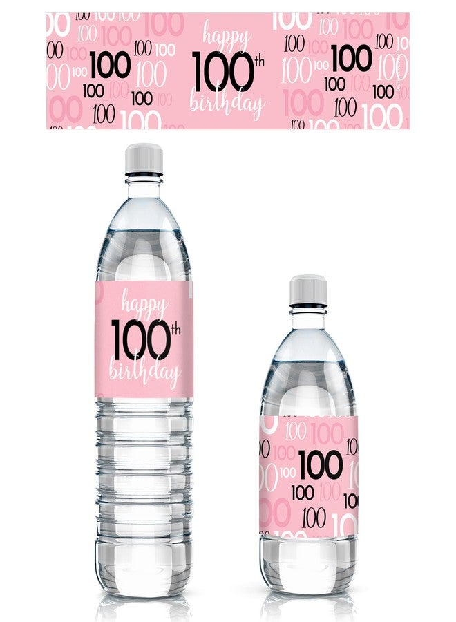 DISTINCTIVS Pink, Black, and White 100th Birthday Party Water Bottle Labels - 20 Waterproof Wrappers - Pink Birthday Decorations for Women - Image 1
