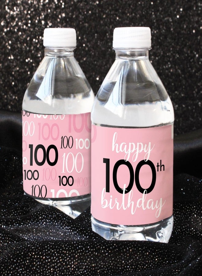 DISTINCTIVS Pink, Black, and White 100th Birthday Party Water Bottle Labels - 20 Waterproof Wrappers - Pink Birthday Decorations for Women - Image 2