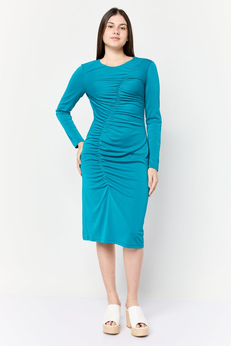 Donna Morgan Women Curve Ruched Midi Dress, Teal Blue - Image 1