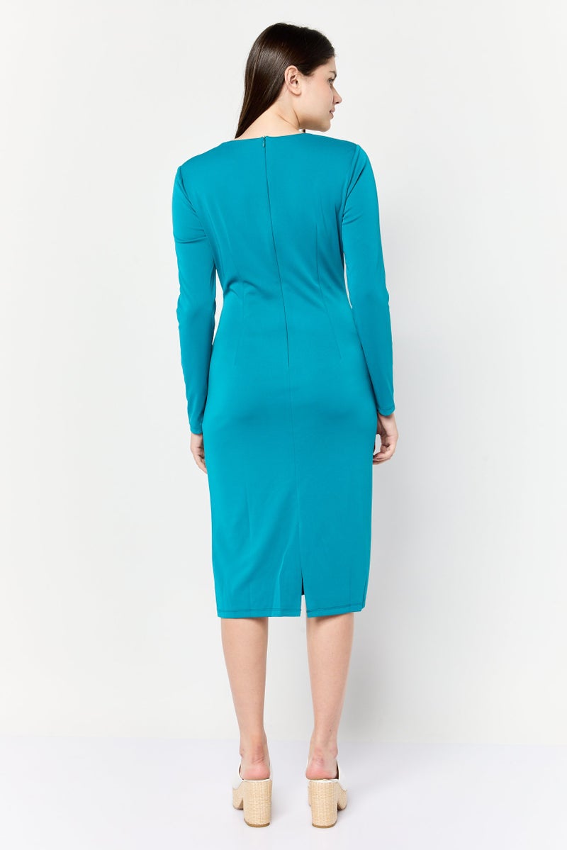 Donna Morgan Women Curve Ruched Midi Dress, Teal Blue - Image 2