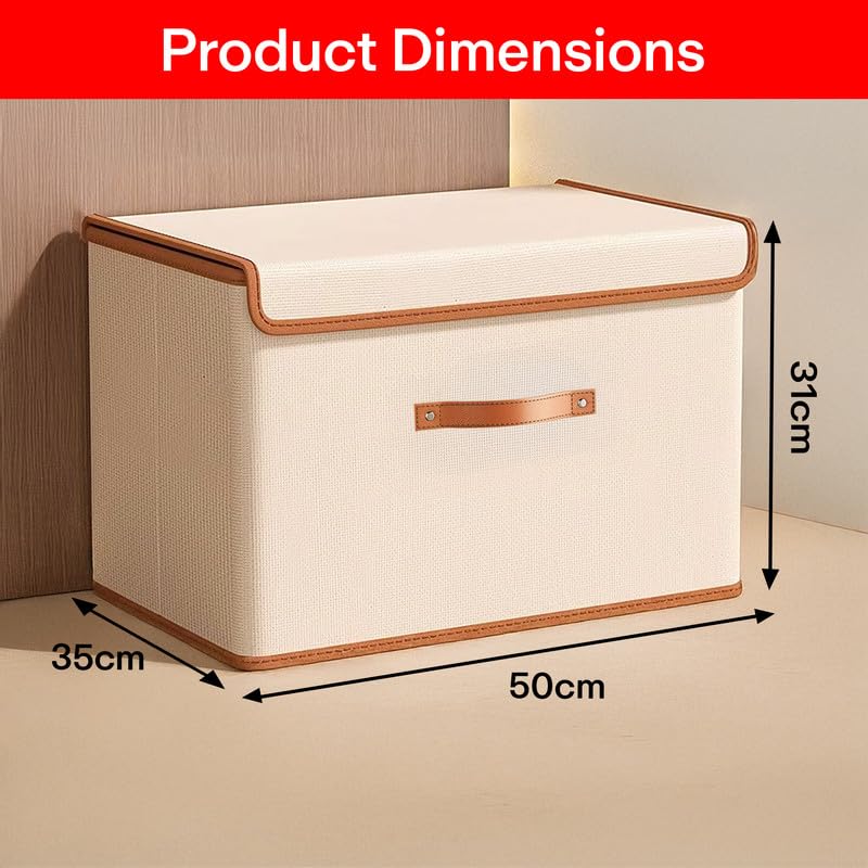 PRIME PICK Storage Box Foldable Non Woven Cloth Organizer with Lid Breathable Washable Wardrobe Storage Bin with Strong Reinforced Handles Clothes Organizer Beige XL Size Pack of 1 - Image 3