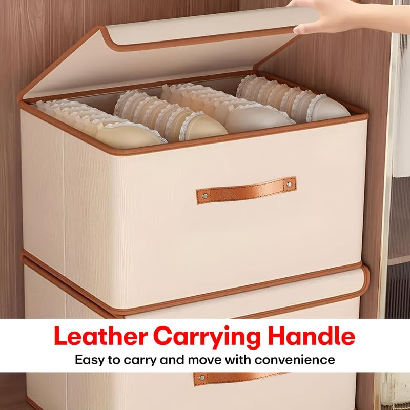 PRIME PICK Storage Box Foldable Non Woven Cloth Organizer with Lid Breathable Washable Wardrobe Storage Bin with Strong Reinforced Handles Clothes Organizer Beige XL Size Pack of 1 - Image 2