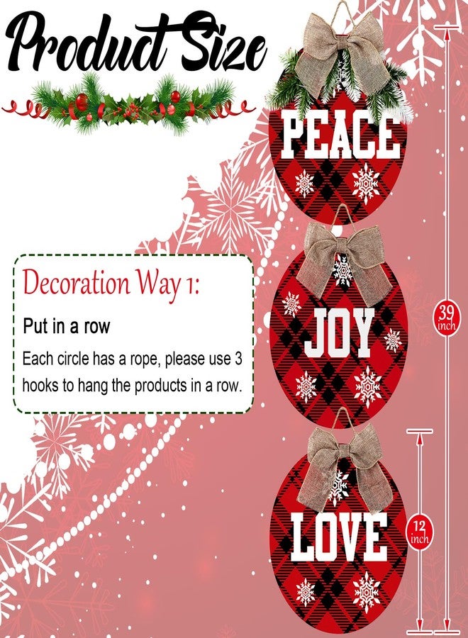 هيكارير 3 قطع من زينة لافتات عيد الميلاد المعلقة، لافتة سلام وفرح وحب، إكليل منقوش بنمط مربعات الجاموس للباب الأمامي، ديكور ريفي من الخيش والخشب للعطلات، زينة عيد الميلاد الداخلية والخارجية (أسود وأحمر) - Image 2