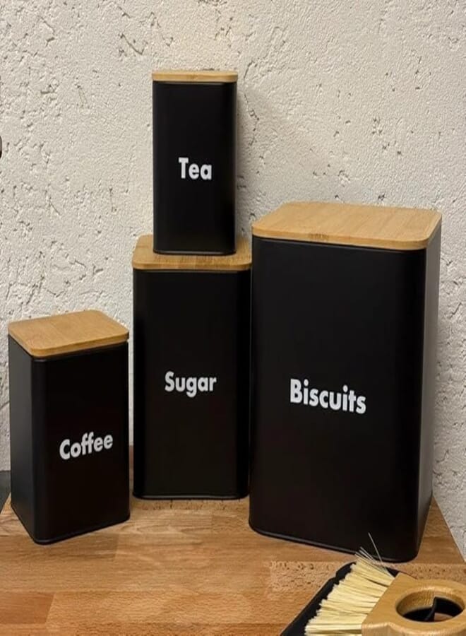 general Generic Kitchen Storage Canisters Set, 4 Black Metal Containers with Bamboo Lids, Tea Coffee Sugar Biscuit Jars .db