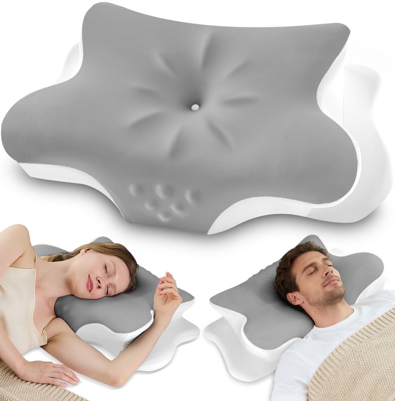 VJASD Cervical Neck Pillow for Pain Relief â€“ Ergonomic Memory Foam Pillow for Side Sleeper Contour Orthopedic Bed Cooling Pillow for Neck Support â€“ Ideal Christmas Birthday Gift for Women Men - Grey - Image 1