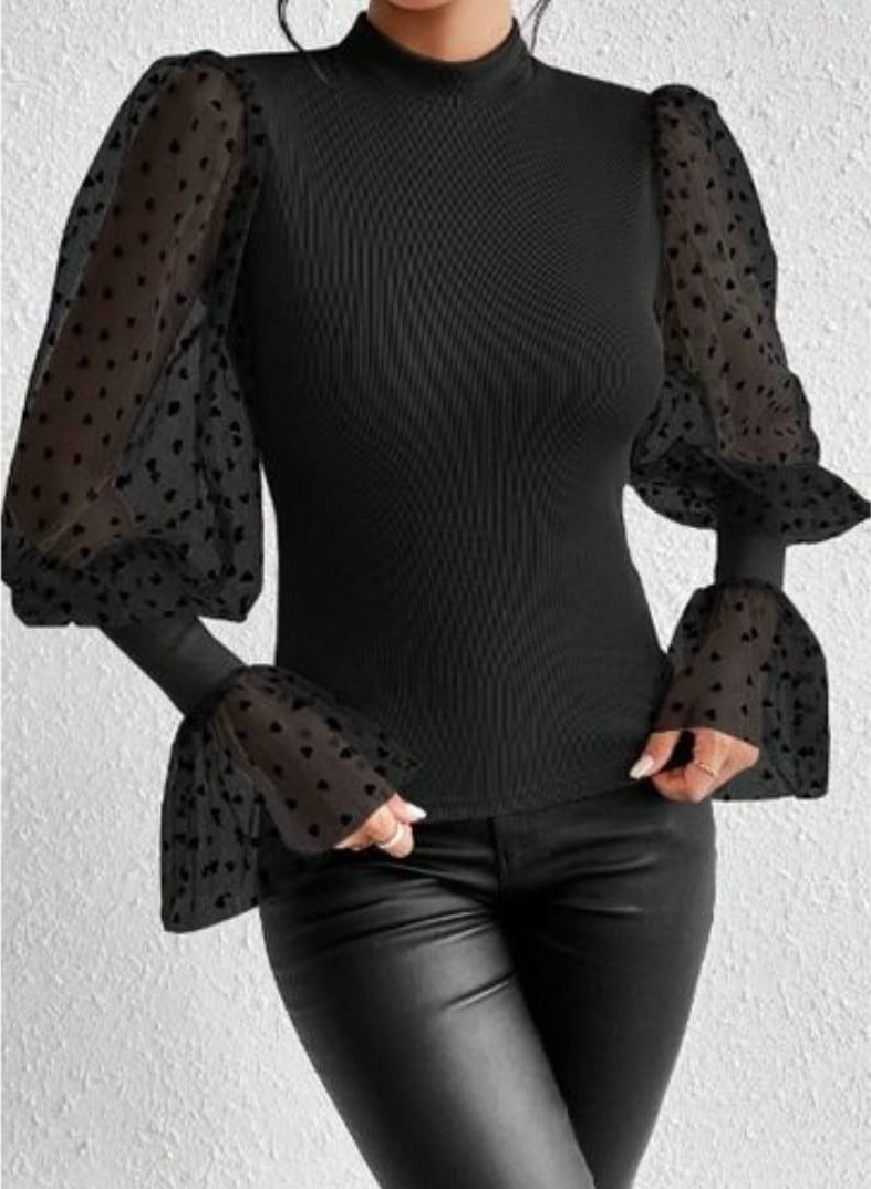 شي إن شى ان بلوزة بأكمام فانوس شبكية متباينة ورقبة وهمية - Image 2