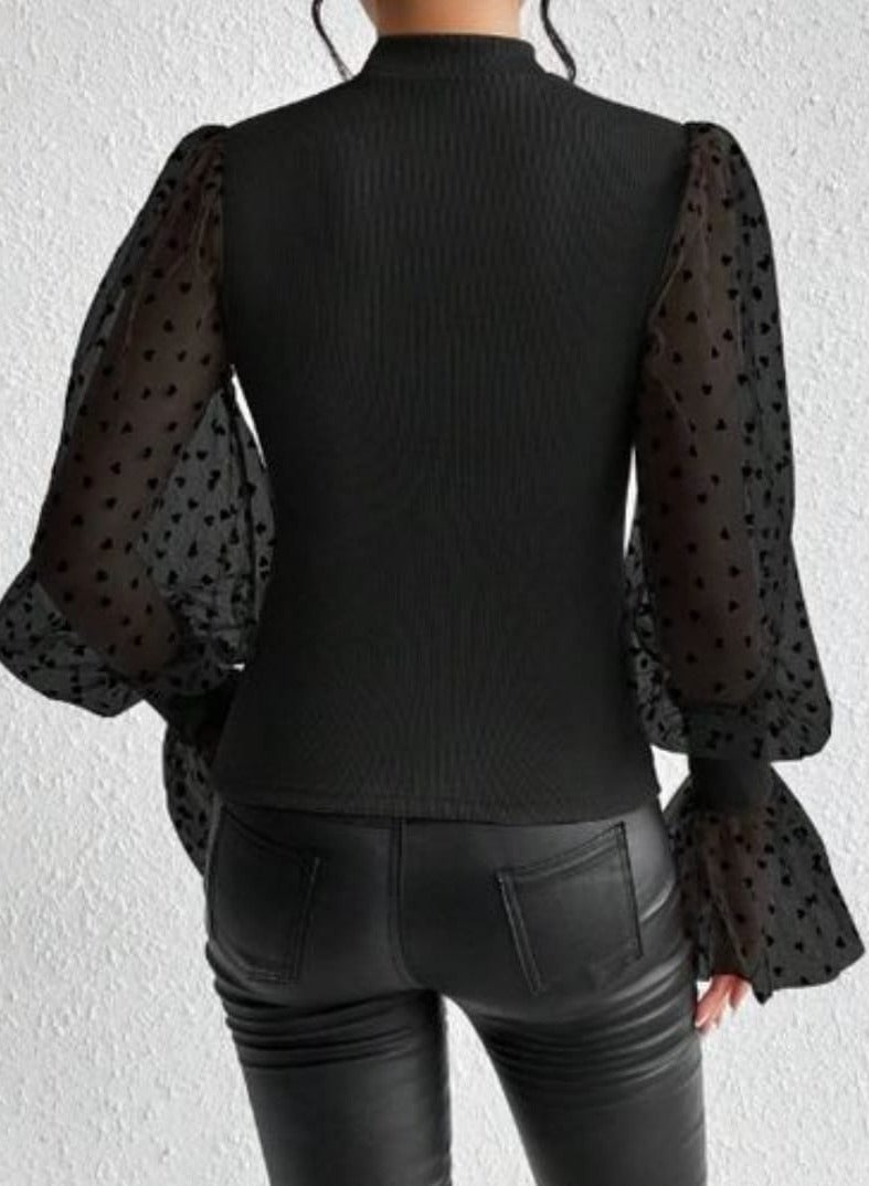 شي إن شى ان بلوزة بأكمام فانوس شبكية متباينة ورقبة وهمية - Image 4