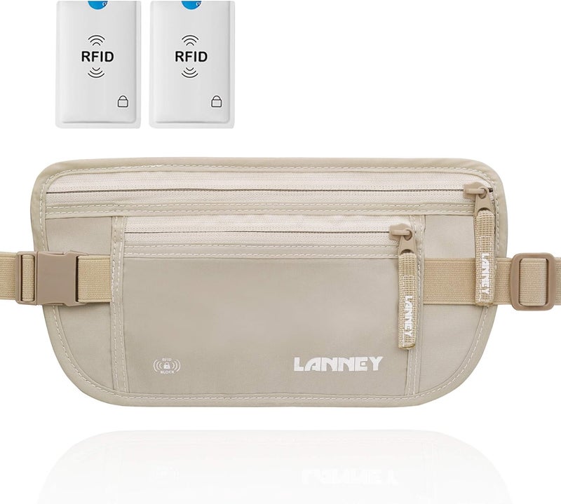LANNEY Travel Money Belt Hidden Waist Stash Wallet RFID Blocking Anti-Theft Passport Holder for Men Women, Cream - Image 1