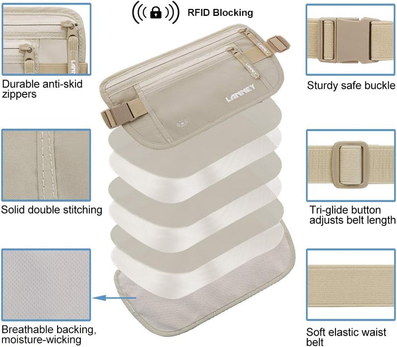 LANNEY Travel Money Belt Hidden Waist Stash Wallet RFID Blocking Anti-Theft Passport Holder for Men Women, Cream - Image 2