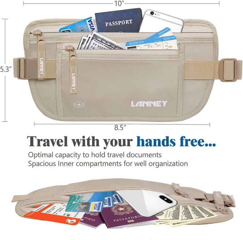 LANNEY Travel Money Belt Hidden Waist Stash Wallet RFID Blocking Anti-Theft Passport Holder for Men Women, Cream - Image 4