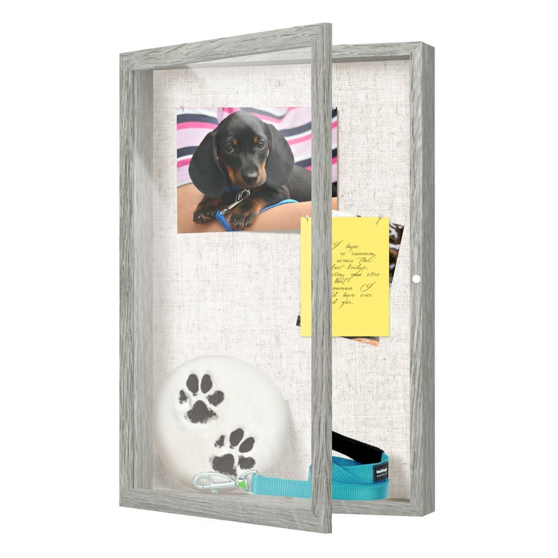 FrameWorks 12x18 Deep Shadow Box Frame, Wooden Display Case w. Linen Board & Tempered Glass Door - Grey Woodgrain - Large - Wall Mounted - Image 1