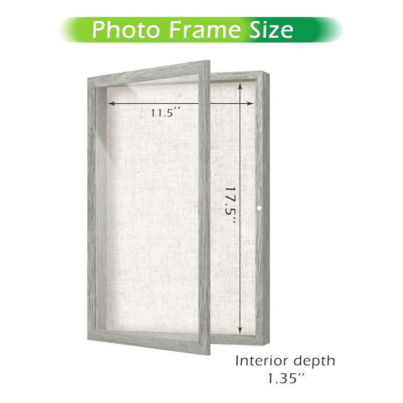 FrameWorks 12x18 Deep Shadow Box Frame, Wooden Display Case w. Linen Board & Tempered Glass Door - Grey Woodgrain - Large - Wall Mounted - Image 2